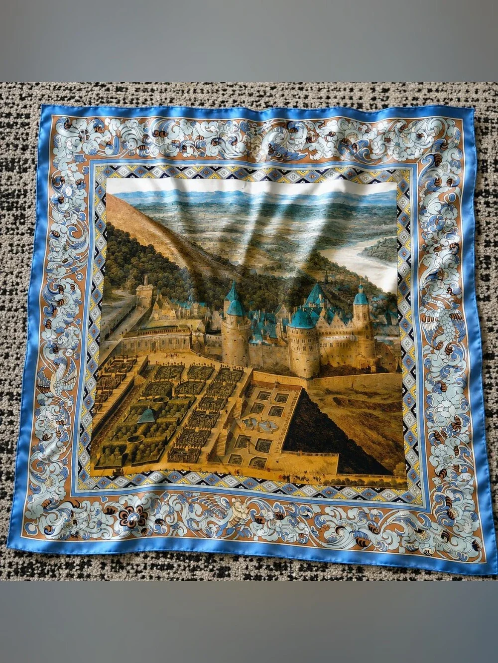 Vintage Heidelberg Castle 100% Silk Scarf 34x34 Blue Baroque Germany Travel CC
